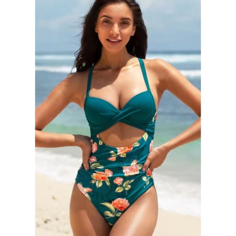 NWT Cupshe Andi Teal Floral Crisscross Back Tie One Piece Swimsuit Size S